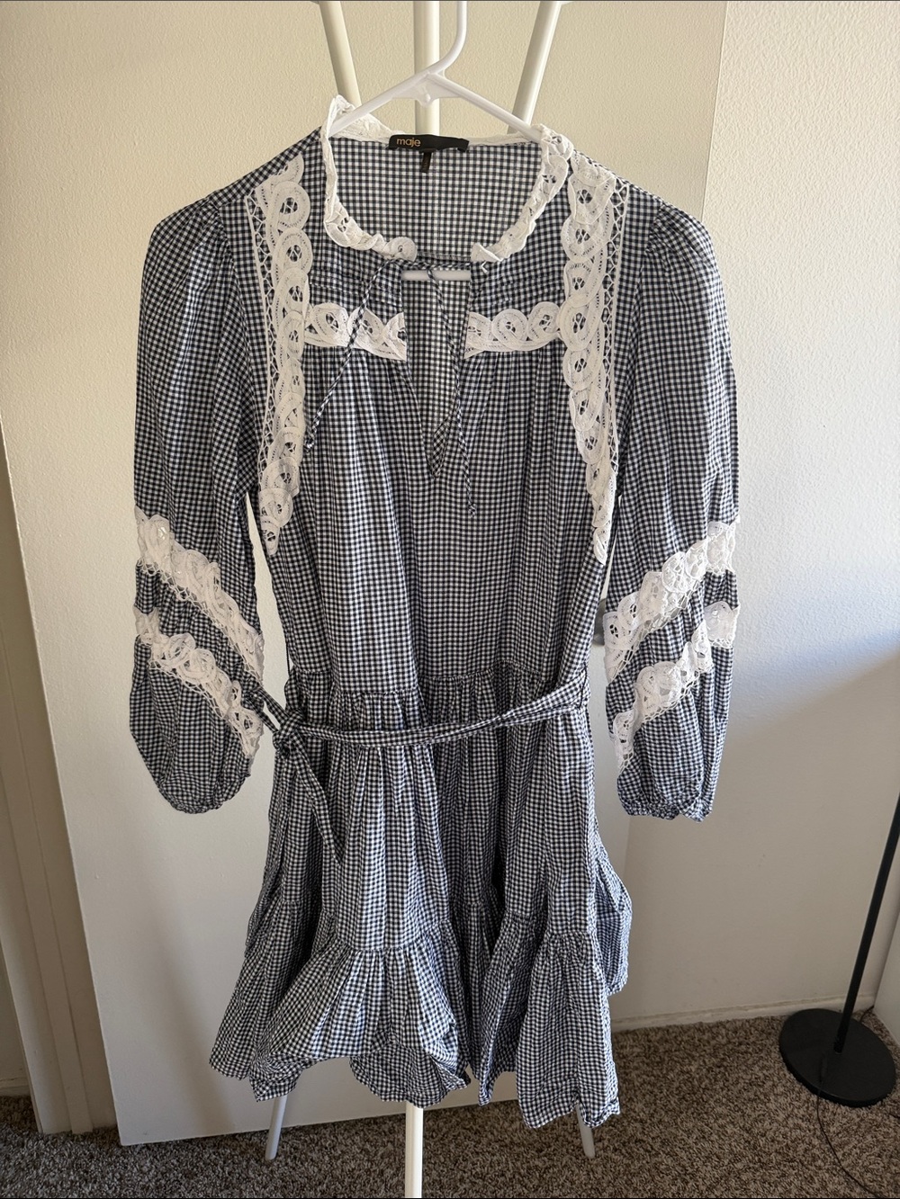 Maje Navy and White Gingham Long Sleeve Dress with Lace Trim